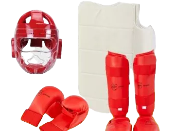 Full set of Karate-Do protective gear including headguard, sparring gloves, chest shield and shin guards